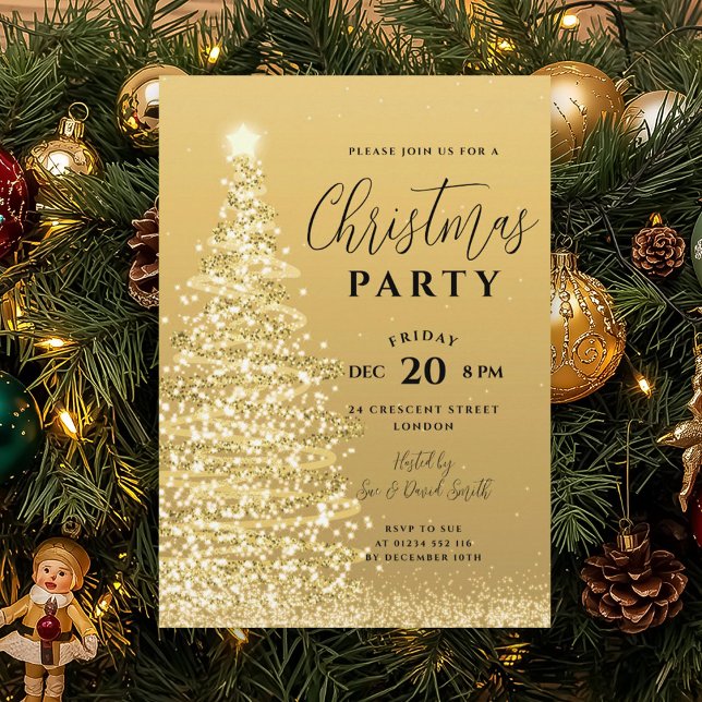 Elegant Christmas Tree Party Gold Holiday Invitation (Elegant Christmas Tree Party Gold Holiday Invitation)
