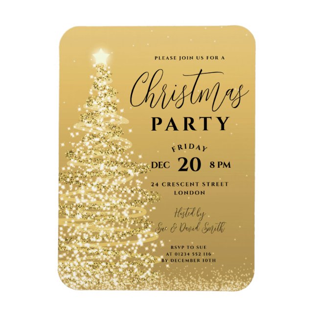 Elegant Christmas Tree Party Gold Holiday Invite Magnet (Vertical)