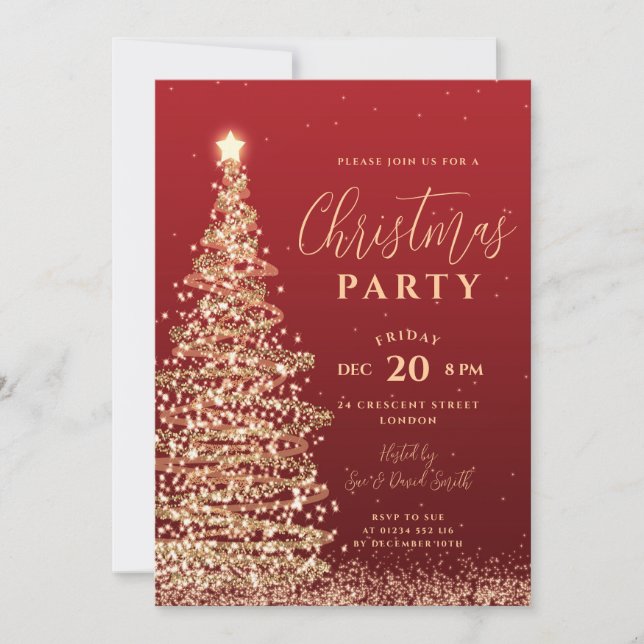 Elegant Christmas Tree Party Red Holiday Invitation (Front)