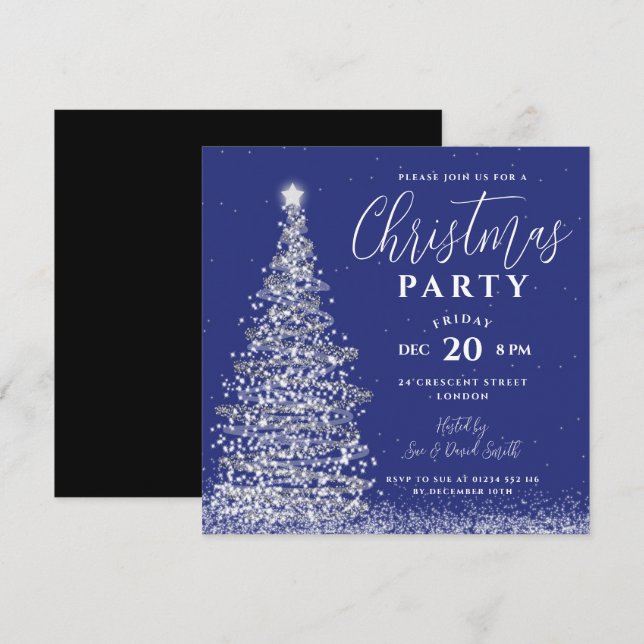 Elegant Christmas Tree Party Silver Navy Holiday  Invitation (Front/Back)