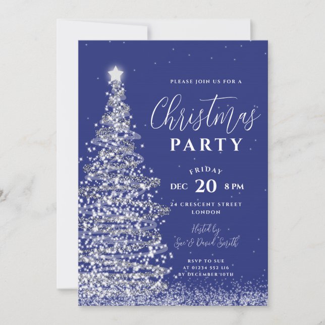 Elegant Christmas Tree Party Silver Navy Holiday  Invitation (Front)