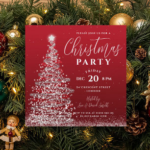 Elegant Christmas Tree Party Silver Red Holiday   Invitation