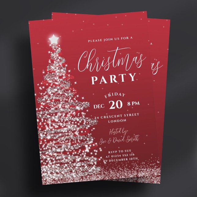 Elegant Christmas Tree Party Silver Red Holiday Invitation (Elegant Christmas Tree Party Silver Red Holiday Invitation)