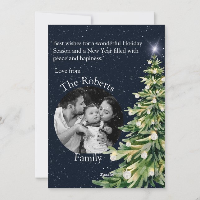 Elegant Christmas Tree Photo versicule Navy Blue  Holiday Card (Back)