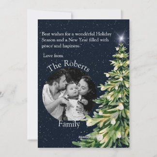 Elegant Christmas Tree Photo versicule Navy Blue Holiday Card