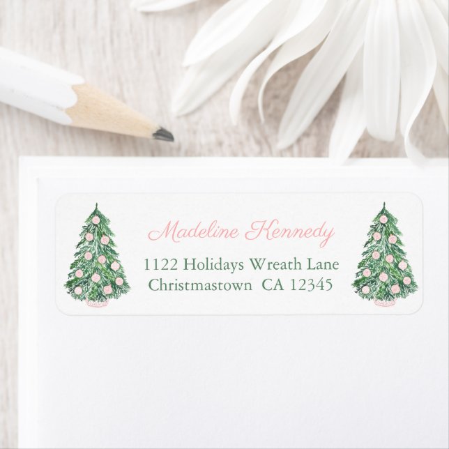 Elegant Christmas Tree Pink Baubles Return Address Label (Insitu)