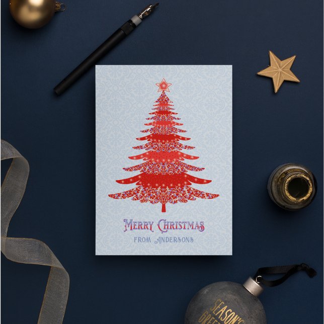 Elegant Christmas Tree Red Blue Personalised Holiday Card (Creator Uploaded)