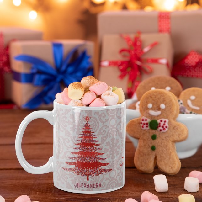 Elegant Christmas Tree Red Personalised Snowflakes Coffee Mug (Creator Uploaded)