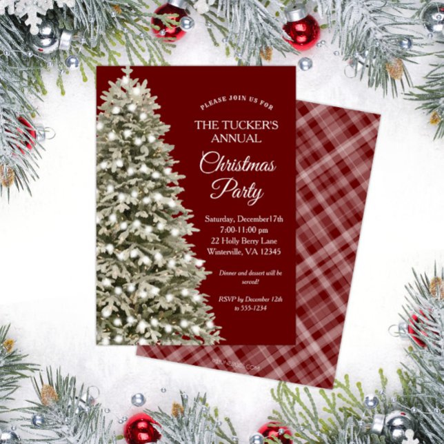 Elegant Christmas Tree Red Plaid Christmas Party Invitation (Elegant Christmas Tree Christmas Party Invitation with Dark Red Plaid)
