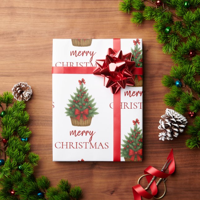 Elegant Christmas Tree – Red Ribbon  Wrapping Paper (Holiday Gift)