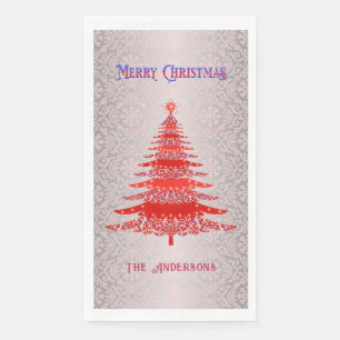 Elegant Christmas Tree Red Silver Name Ornaments Napkin