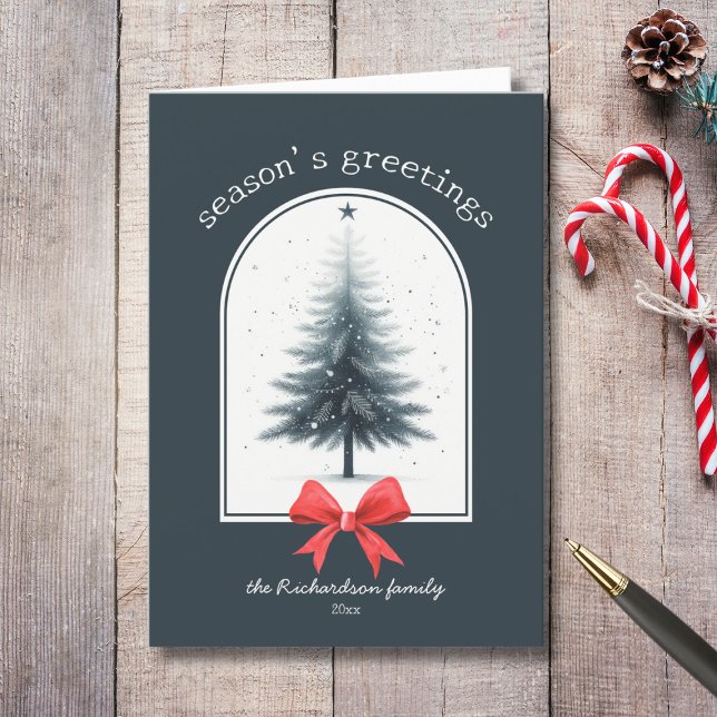 Elegant Christmas Tree Seasons Greetings  Holiday Card (sweet rustic vintage red bow evergreen christmas tree seasons greetings custom holiday card)