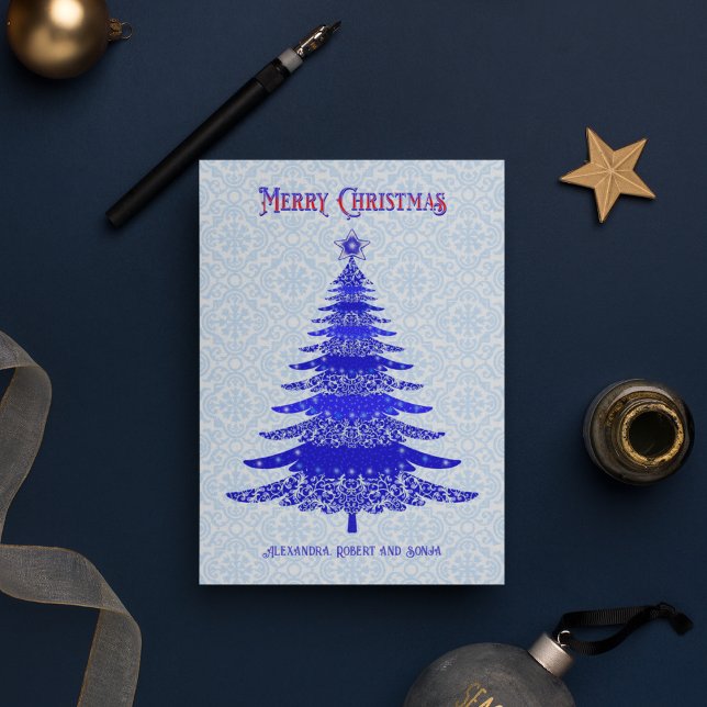 Elegant Christmas Tree Snowflake Blue Personalised Holiday Card (Creator Uploaded)