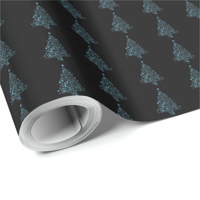 Elegant Christmas Tree Striped Pattern Black Blue Wrapping Paper (Roll Corner)