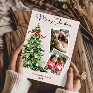 Elegant Christmas tree two photos personalized Holiday Card