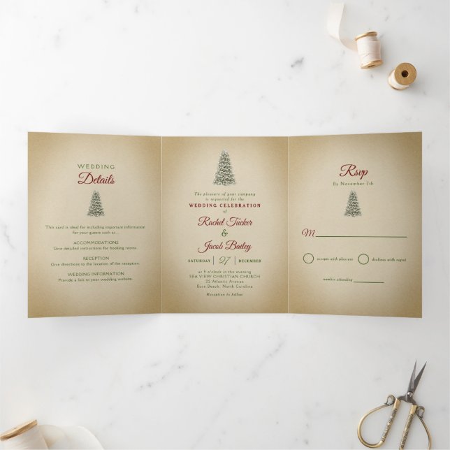 Elegant Christmas Tree Winter Wedding Tri-Fold Invitation (Inside)