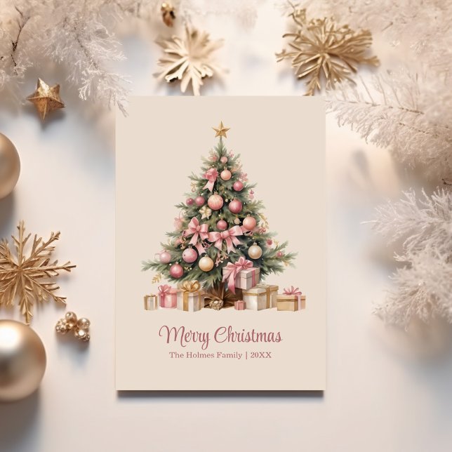 Elegant Christmas Tree with Pink Bows  Holiday Card (Elegant Christmas Tree with Pink Bows Holiday Card on a table with white and gold Christmas decor)