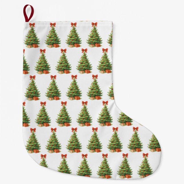 Elegant Christmas Tree with Red Bow & Presents -  Large Christmas Stocking (Front)