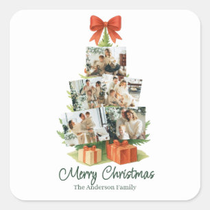 Elegant Christmas Tree with Red Bow & Presents -  Square Sticker