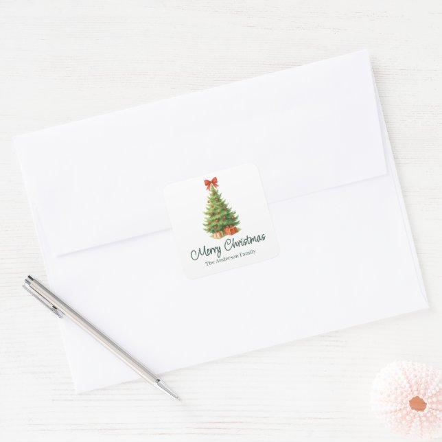 Elegant Christmas Tree with Red Bow & Presents -  Square Sticker (Envelope)