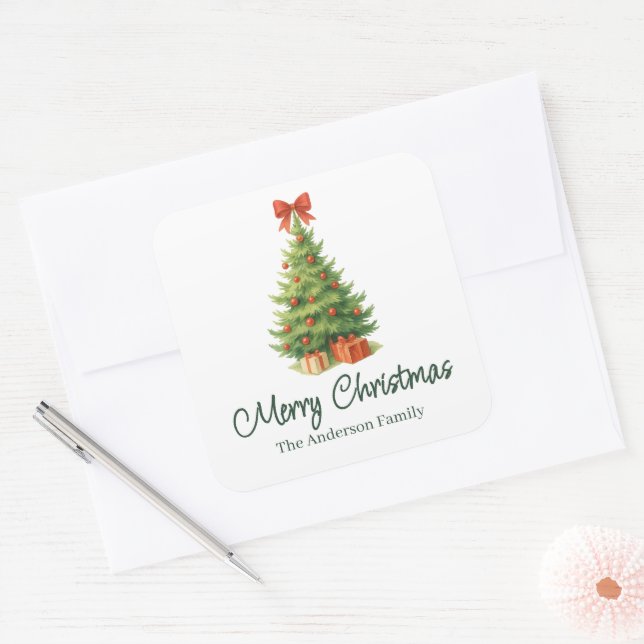 Elegant Christmas Tree with Red Bow & Presents -  Square Sticker (Envelope)