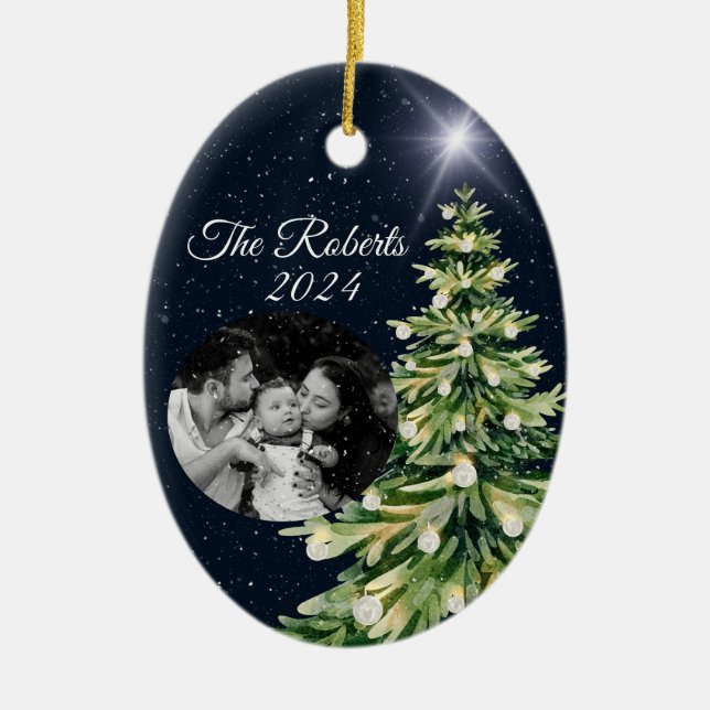 Elegant Christmas Trees Dark Blue Family Photo Ceramic Ornament (Front)