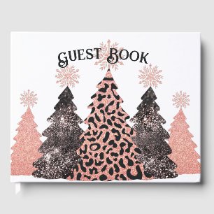 Elegant Christmas Trees Pink Black Glitter Holiday Guest Book