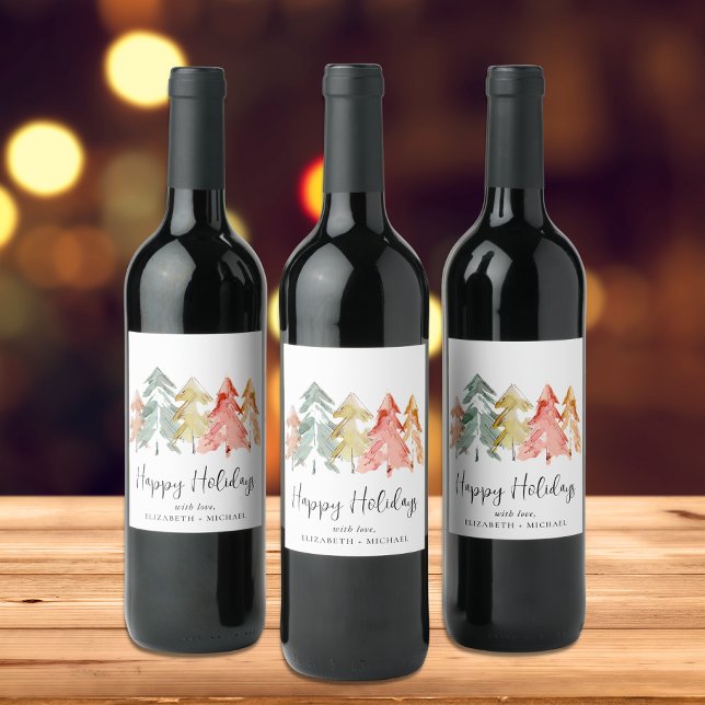 Elegant Christmas Trees Watercolor Wine Label (Creator Uploaded)