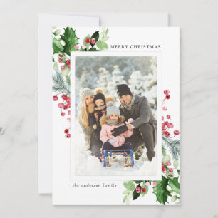 Elegant Christmas Watercolor Botanical Photo Holiday Card
