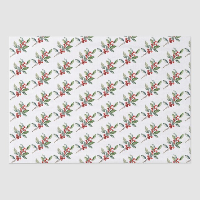 Elegant Christmas Watercolor Botanical Red Green Tissue Paper (Front)
