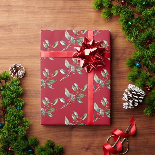Elegant Christmas Watercolor Botanical Red Green Wrapping Paper (Holiday Gift)