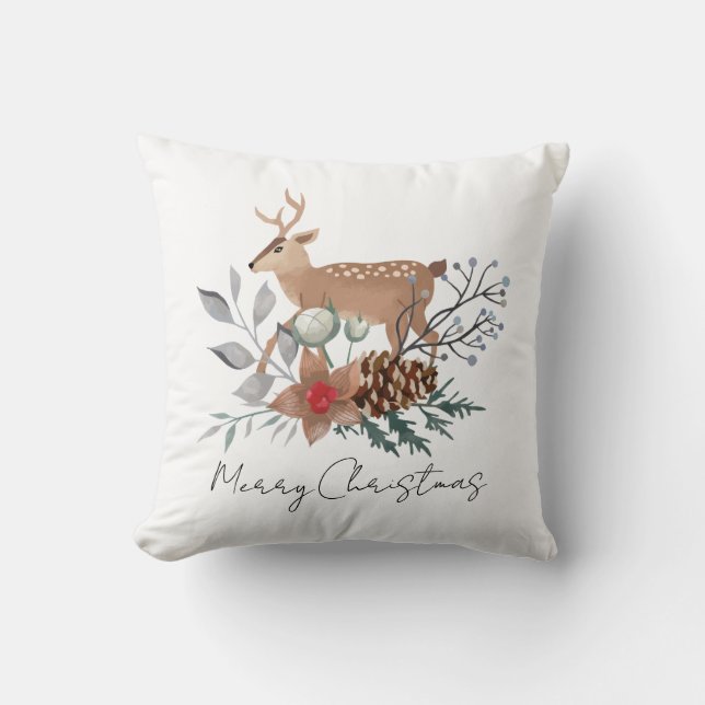 Elegant Christmas Watercolor Deer Holiday Cushion (Front)