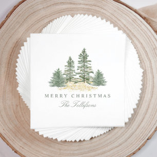 Elegant Christmas Watercolor Evergreen Pine Trees Napkin