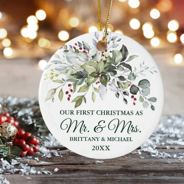 Elegant Christmas Watercolor Greenery Berries Ceramic Ornament (Personalized Mr. & Mrs. Christmas Ornament)
