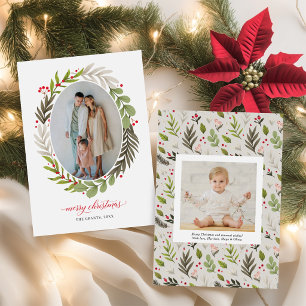 Elegant Christmas Watercolor Greenery Oval Photo Holiday Card
