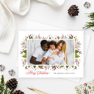 Elegant Christmas Watercolor Greenery Photo Holiday Card