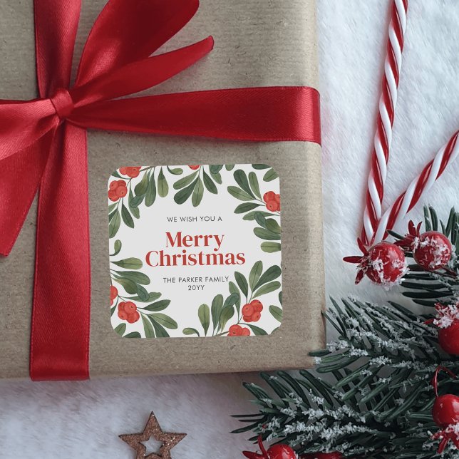 Elegant Christmas Watercolor Greenery Red Berries Square Sticker (Creator Uploaded)