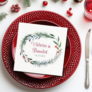 Elegant Christmas Watercolor Pine Needle Wedding Napkin