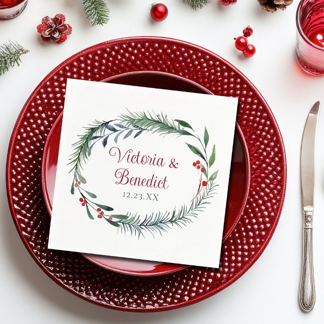 Elegant Christmas Watercolor Pine Needle Wedding Napkin (Creator Uploaded)