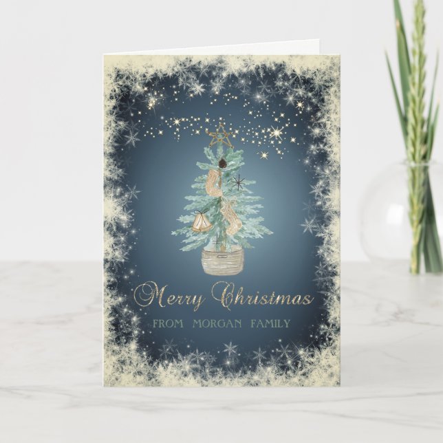 Elegant Christmas Watercolor Pine Tree,Snowflakes  Holiday Card (Front)