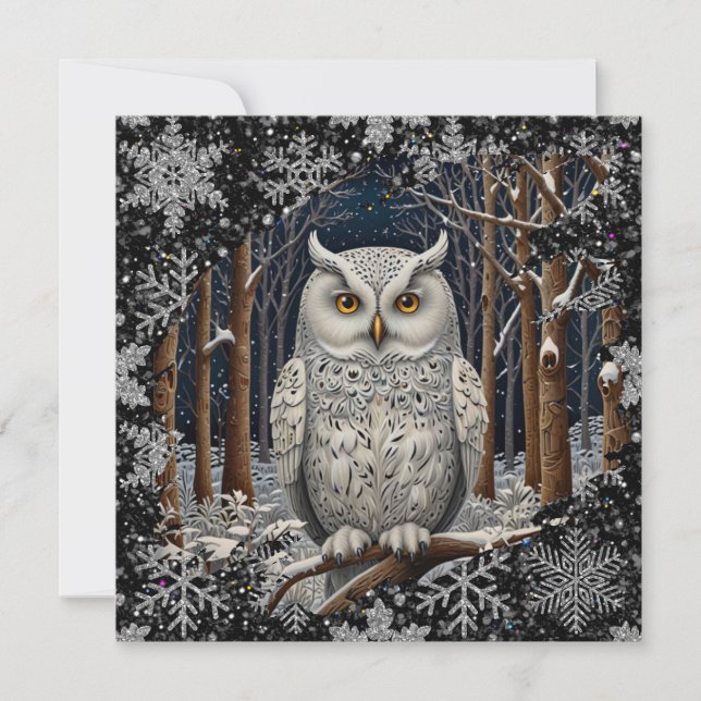 Elegant Christmas white owl woodland winter forest Card (Front)