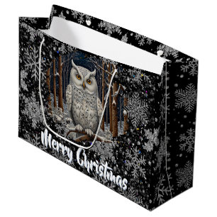 Elegant Christmas white owl woodland winter forest Large Gift Bag