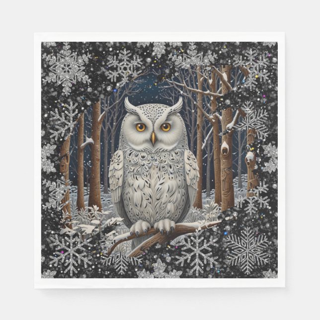 Elegant Christmas white owl woodland winter forest Napkin (Front)