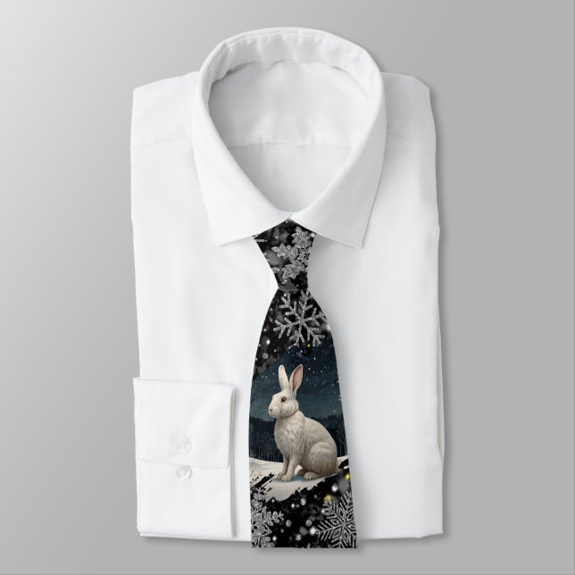 Elegant Christmas white rabbit silver snowflakes Tie (Tied)