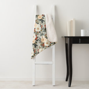 Elegant Christmas White Roses & Red Winter Berry Sherpa Blanket