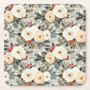 Elegant Christmas White Roses & Red Winter Berry Square Paper Coaster