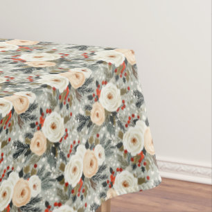Elegant Christmas White Roses & Red Winter Berry Tablecloth