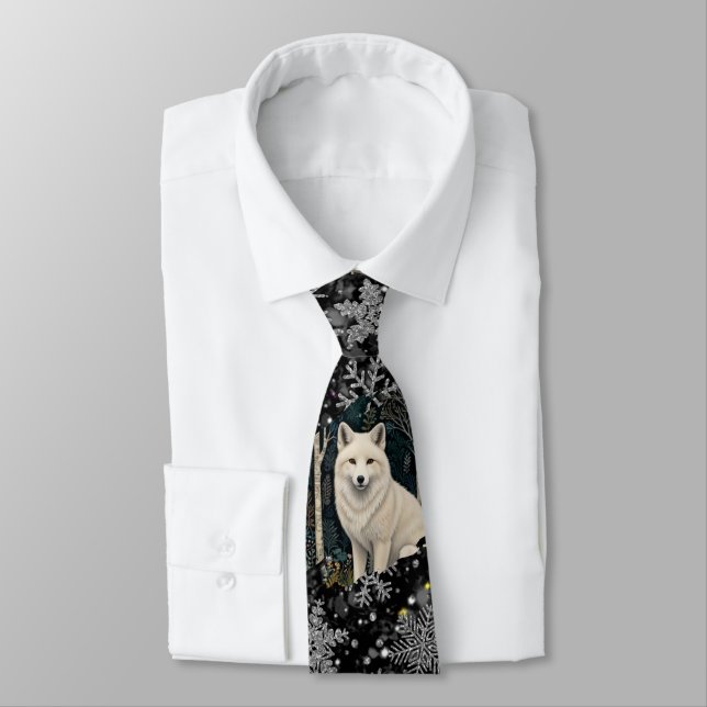 Elegant Christmas white  wolf silver snowflakes Tie (Tied)