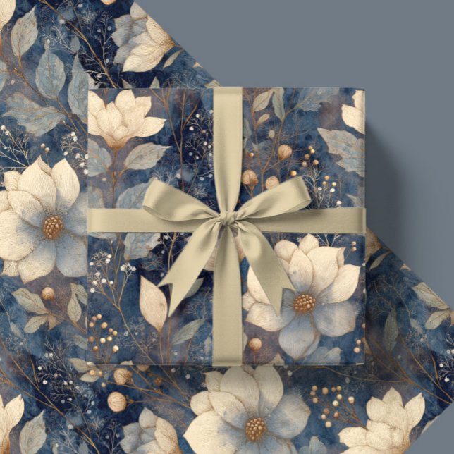 Elegant Christmas Winter Cream And Navy Floral Wrapping Paper (Creator Uploaded)