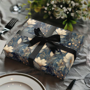 Elegant Christmas Winter Cream And Navy Floral Wrapping Paper Sheet